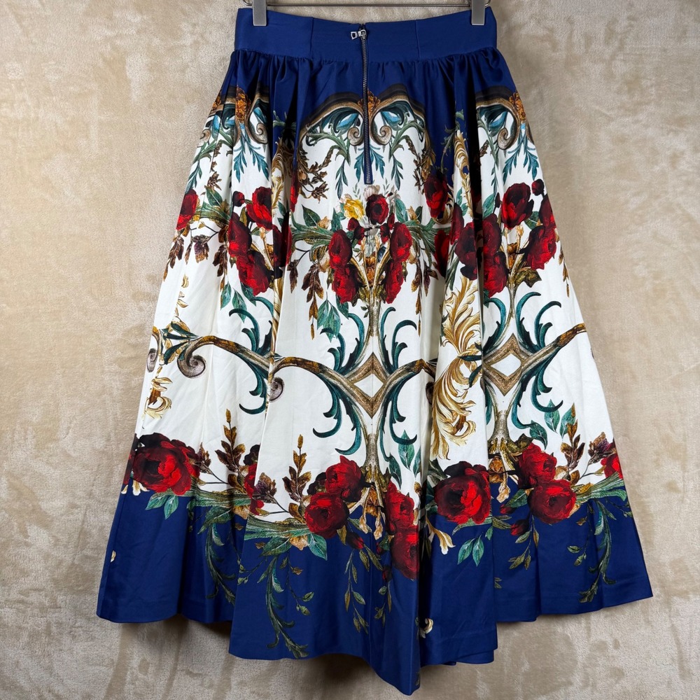 Alice + Olivia Nilda Midi Skirt Size 4 Blue Floral Baroque Print High Waist Full - Picture 2 of 11